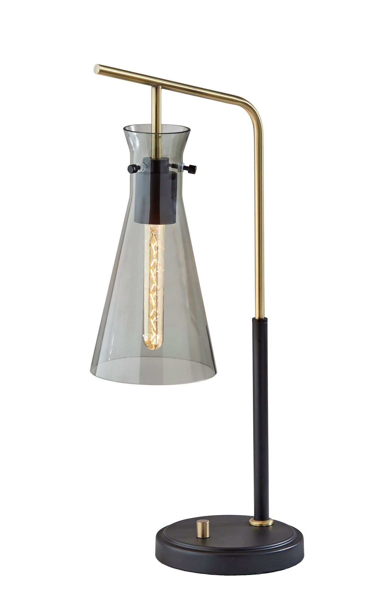 24" Black and Gold Metal Cylinder Desk Table Lamp With Gray Cone Shade