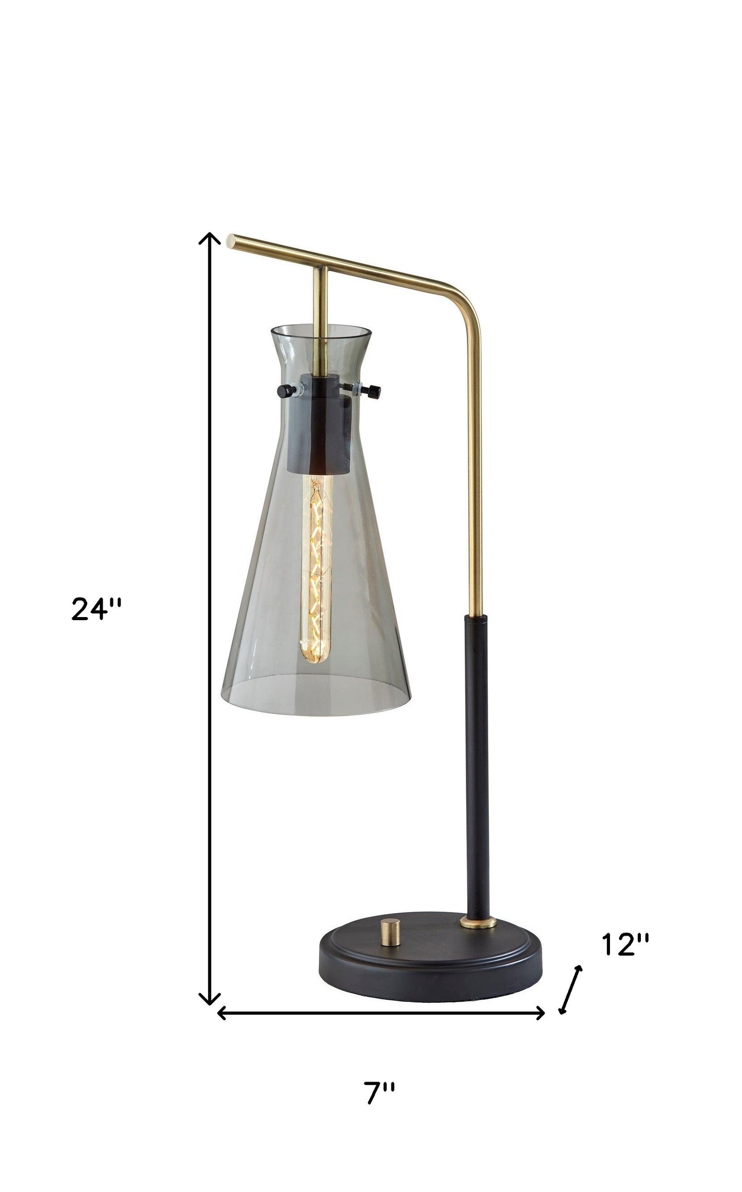 24" Black and Gold Metal Cylinder Desk Table Lamp With Gray Cone Shade