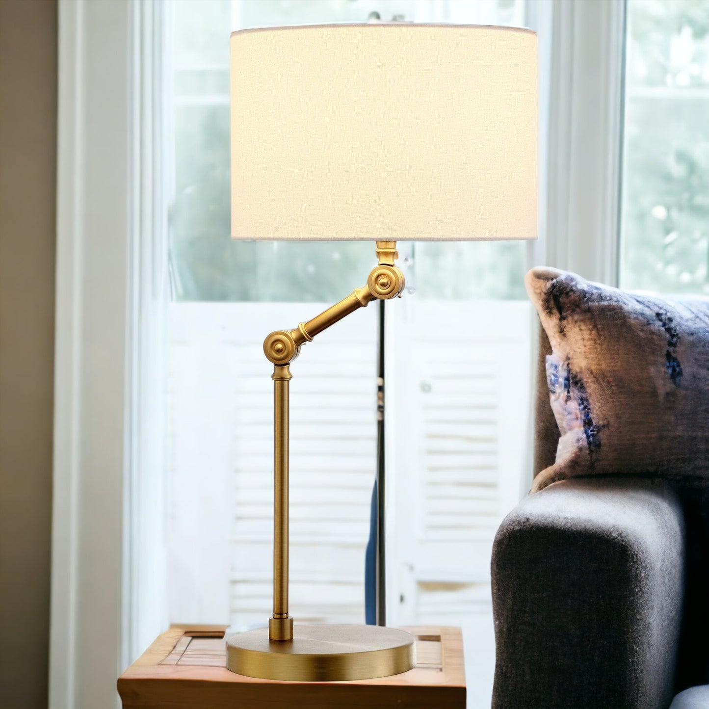 24" Gold Metal Adjustable Table Lamp With White Drum Shade