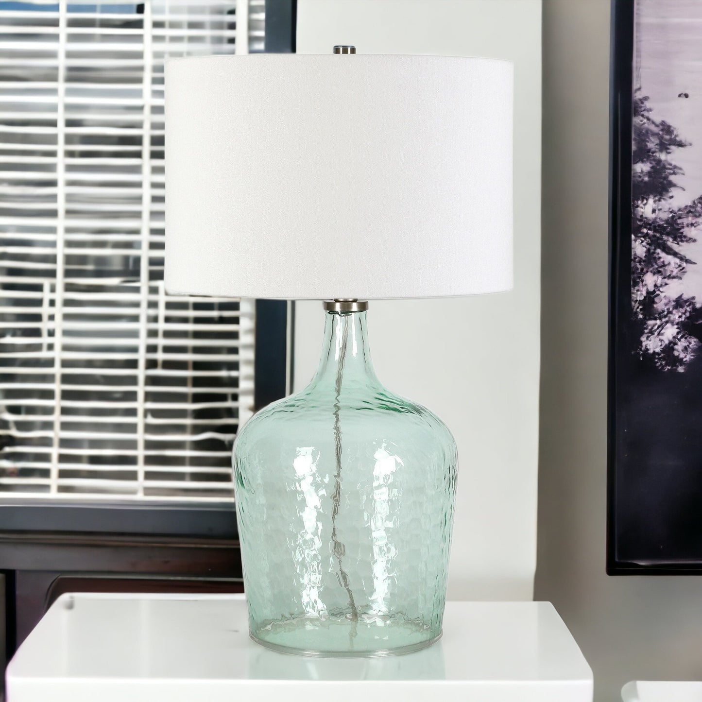 24" Blue Glass Table Lamp With White Drum Shade