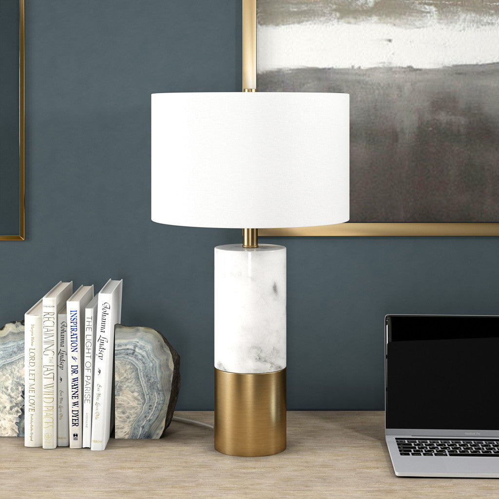 24" White and Gold Marble and Metal Cylinder Table Lamp With White Drum Shade