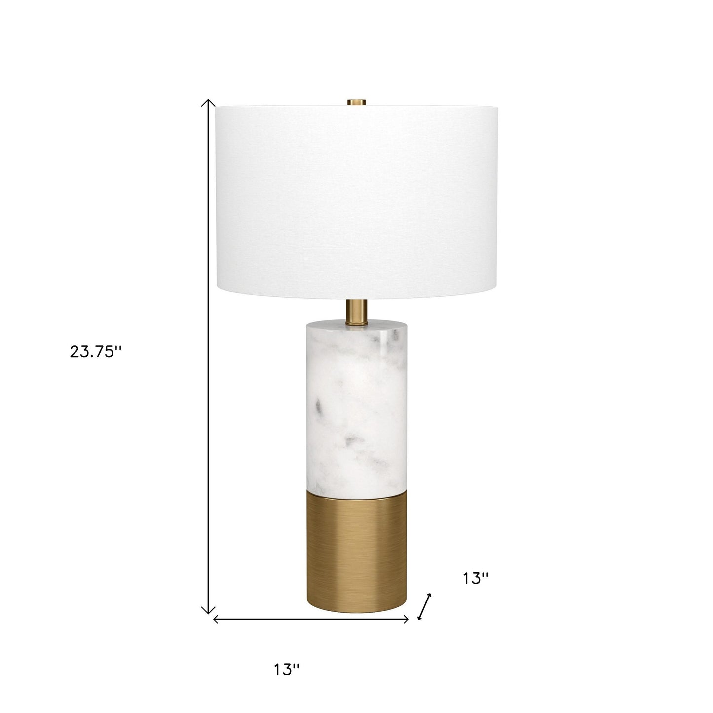 24" White and Gold Marble and Metal Cylinder Table Lamp With White Drum Shade