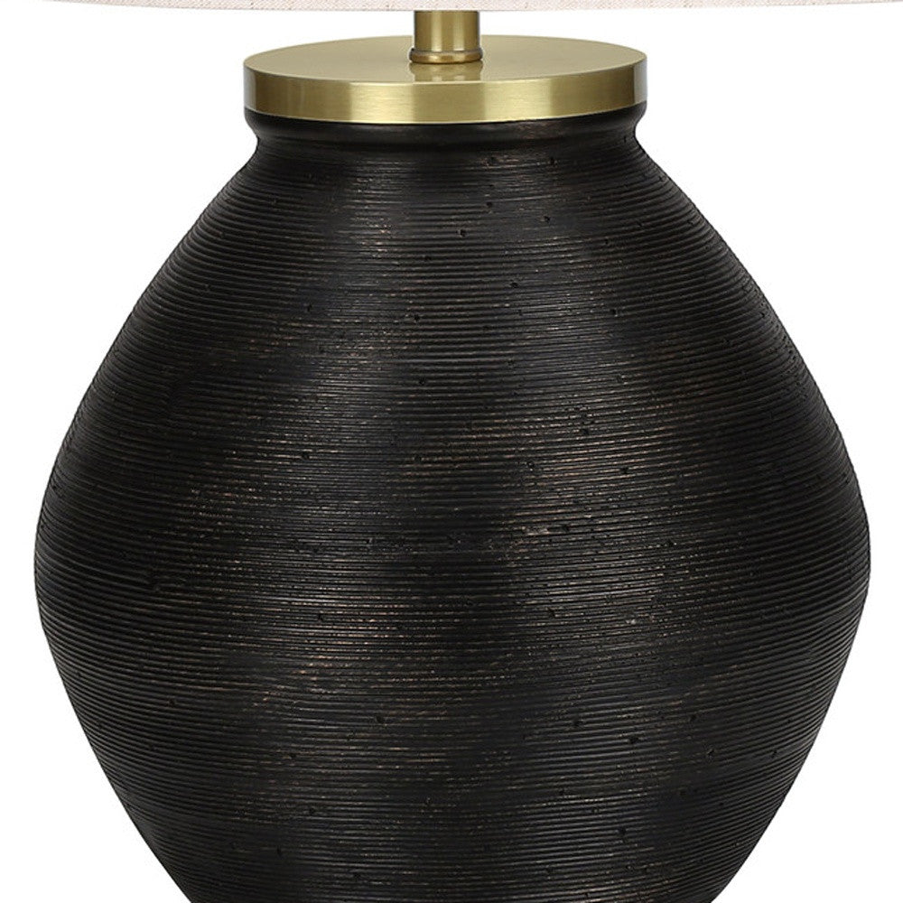 25" Black and Gold Concrete Round Table Lamp With Ivory Drum Shade