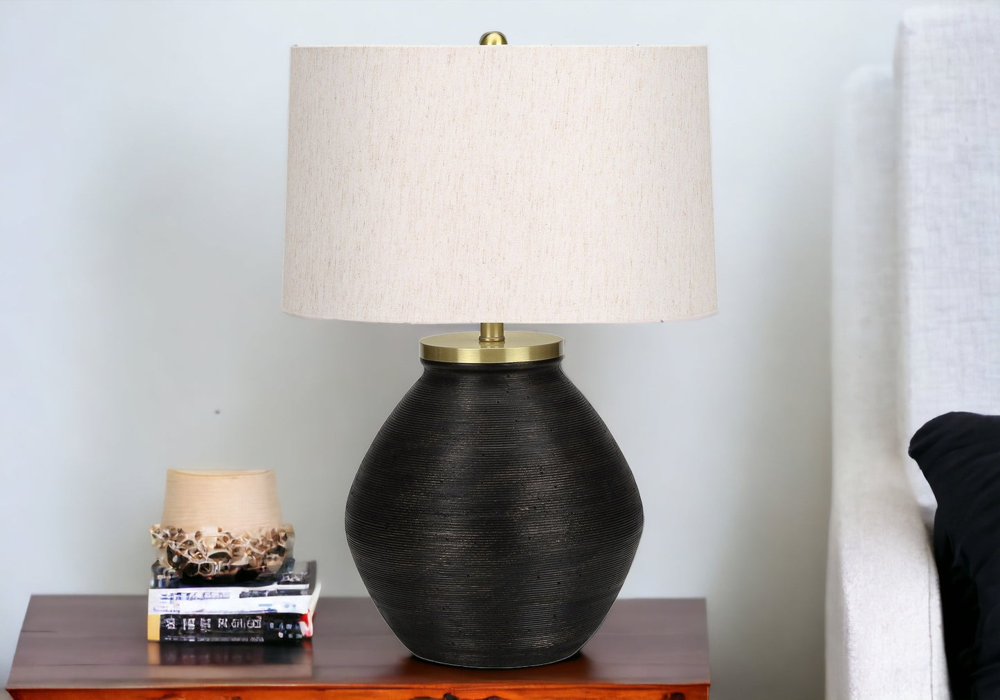 25" Black and Gold Concrete Round Table Lamp With Ivory Drum Shade