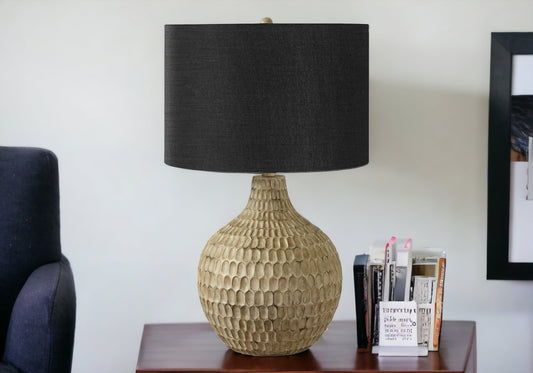 25" Brown Geometric Table Lamp With Black Drum Shade