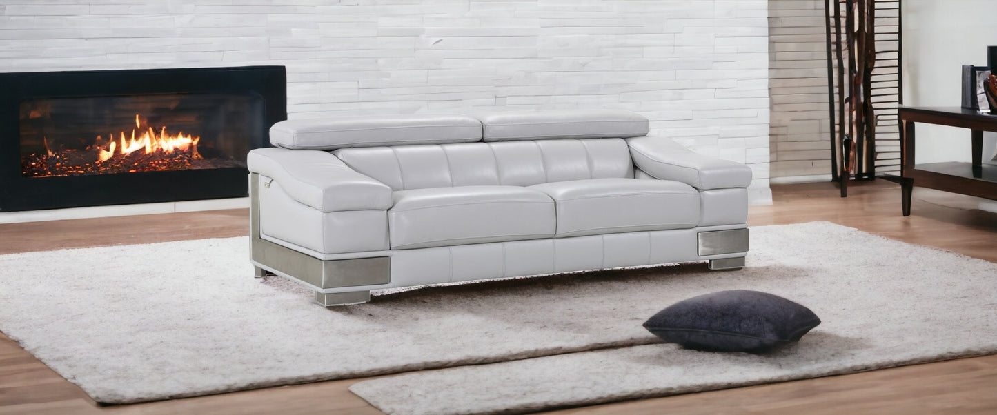 92" Gray And Silver Italian Leather Sofa