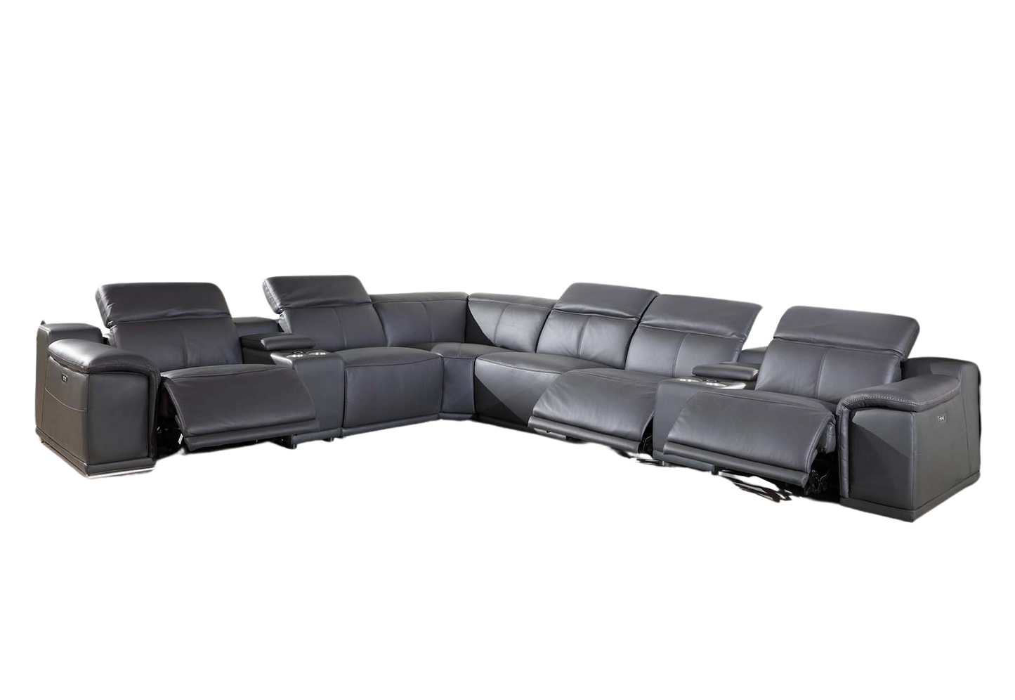 Gray Italian Leather Power Reclining U Shaped Eight Piece Corner Sectional With Console