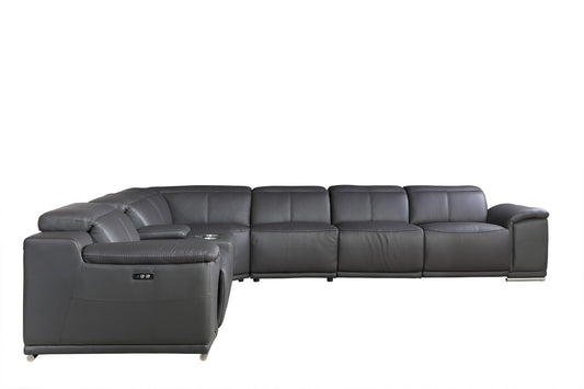 Gray Italian Leather Power Reclining U Shaped Seven Piece Corner Sectional With Console