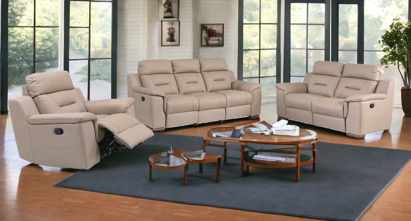 Three Piece Indoor Beige Genuine Leather Five Person Seating Set