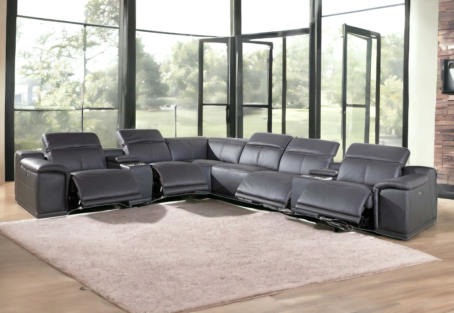 Gray Italian Leather Power Reclining U Shaped Eight Piece Corner Sectional With Console