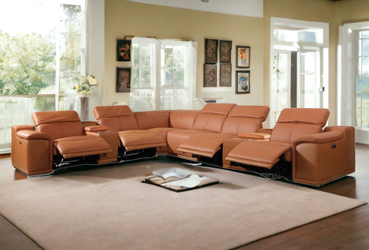 Camel Italian Leather Power Reclining U Shaped Eight Piece Corner Sectional With Console