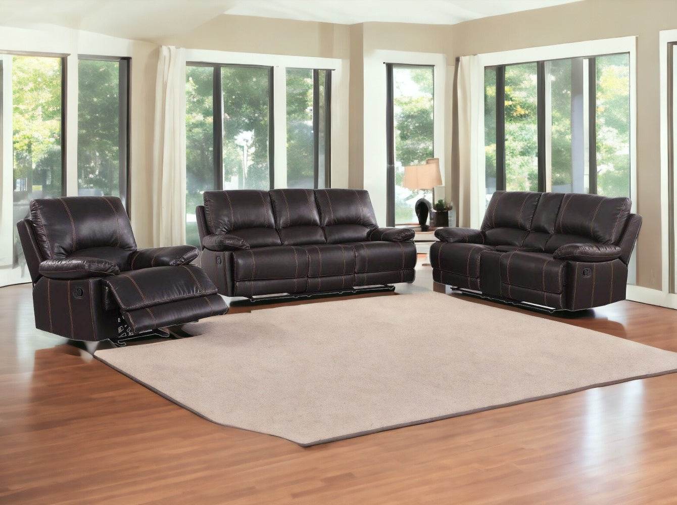 Three Piece Indoor Brown Faux Leather Five Person Seating Set