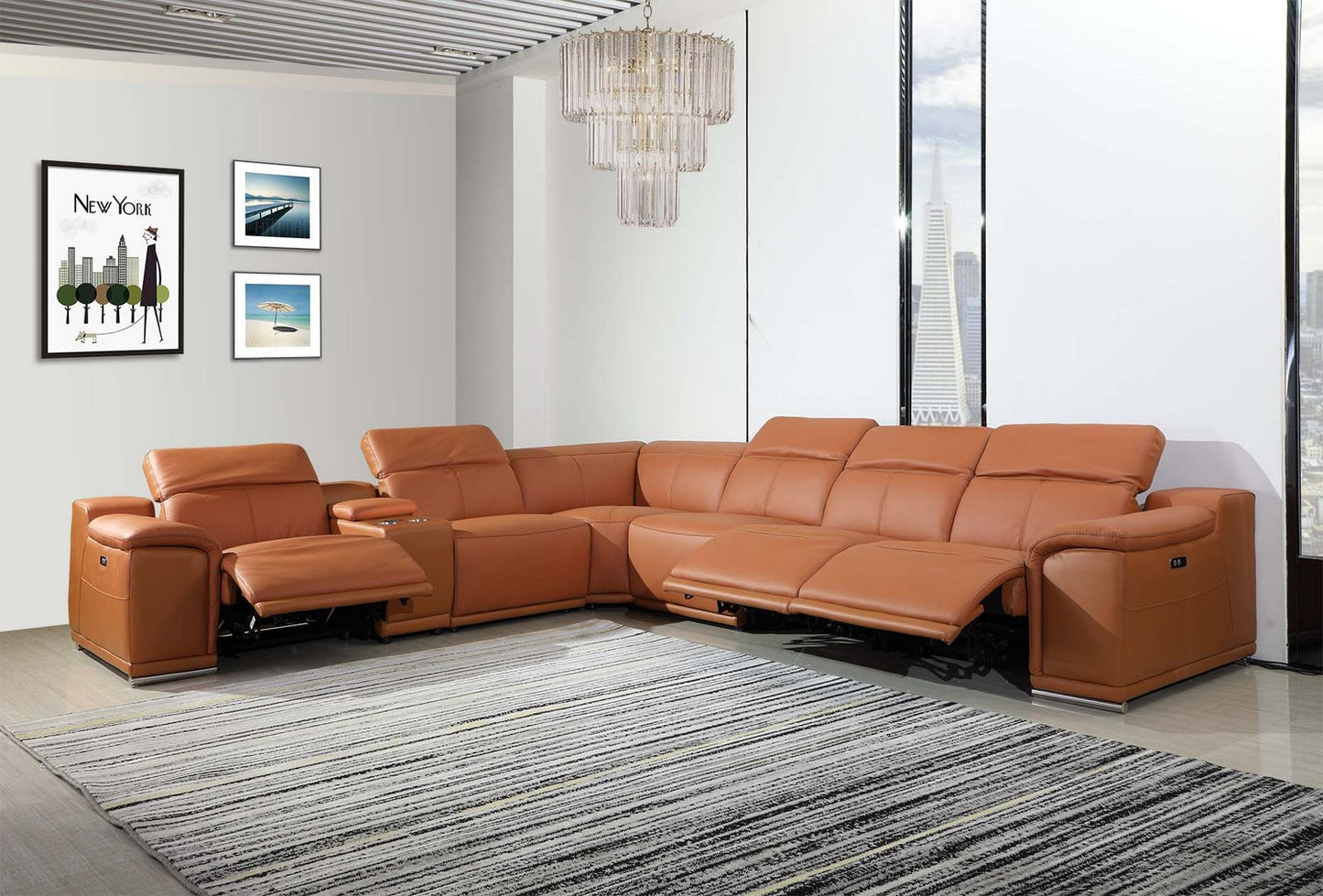 Camel Italian Leather Power Reclining U Shaped Seven Piece Corner Sectional With Console