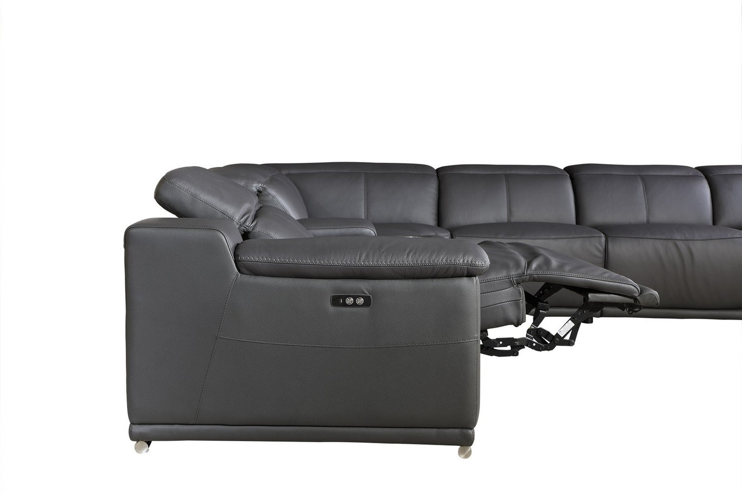 Gray Italian Leather Power Reclining U Shaped Seven Piece Corner Sectional With Console