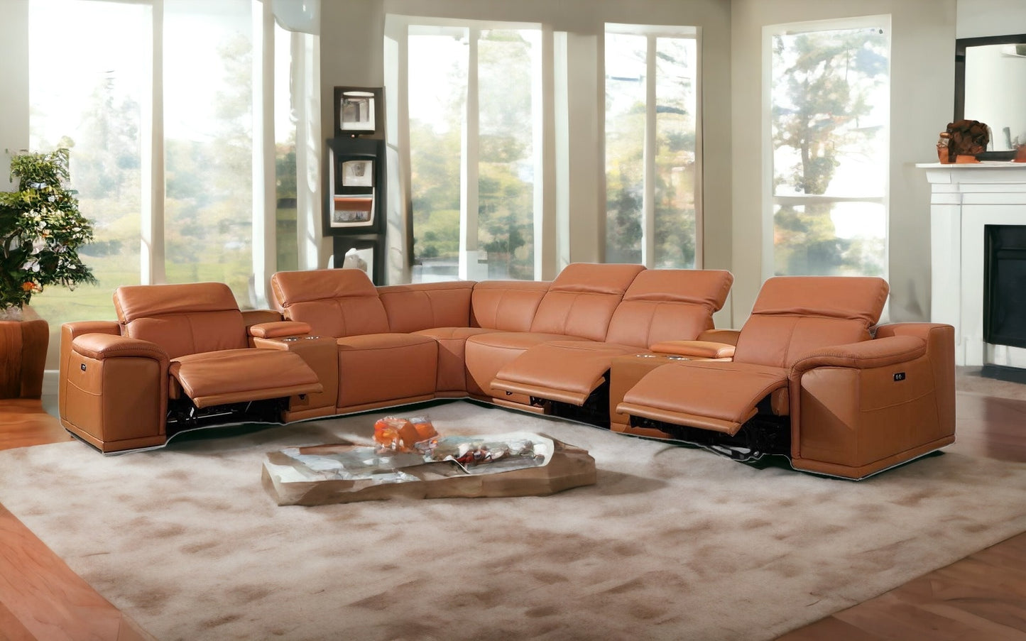 Camel Italian Leather Power Reclining U Shaped Eight Piece Corner Sectional With Console