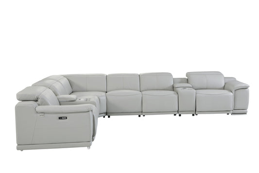 Light Gray Italian Leather Power Reclining U Shaped Eight Piece Corner Sectional With Console