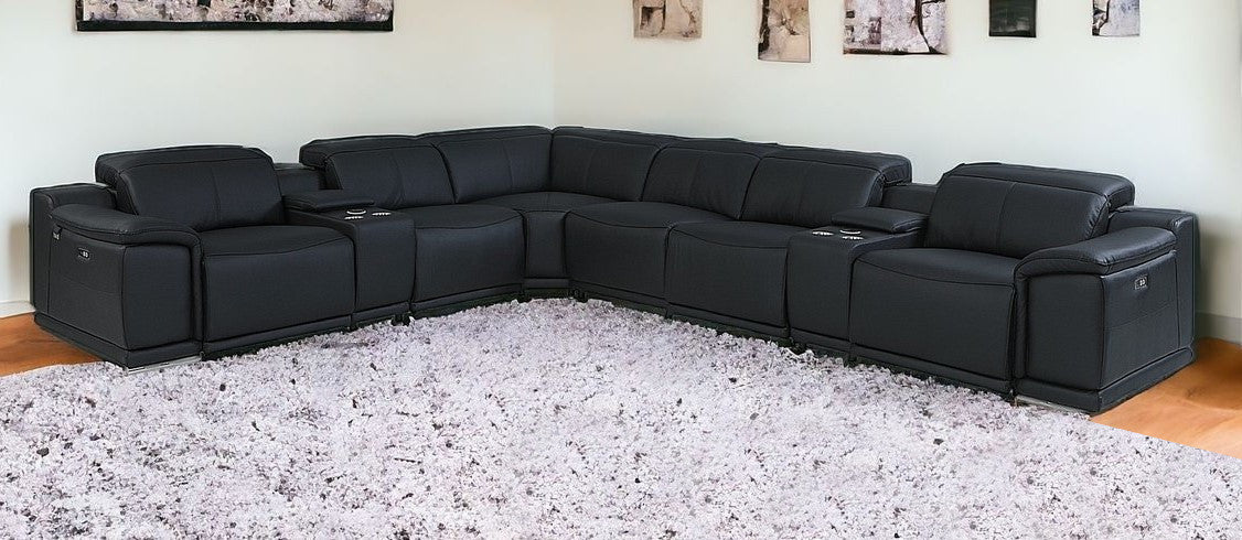 Black Italian Leather Power Reclining U Shaped Eight Piece Corner Sectional With Console