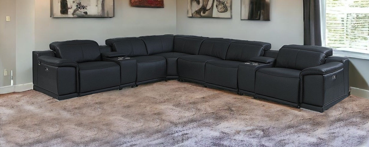 Black Italian Leather Power Reclining U Shaped Eight Piece Corner Sectional With Console