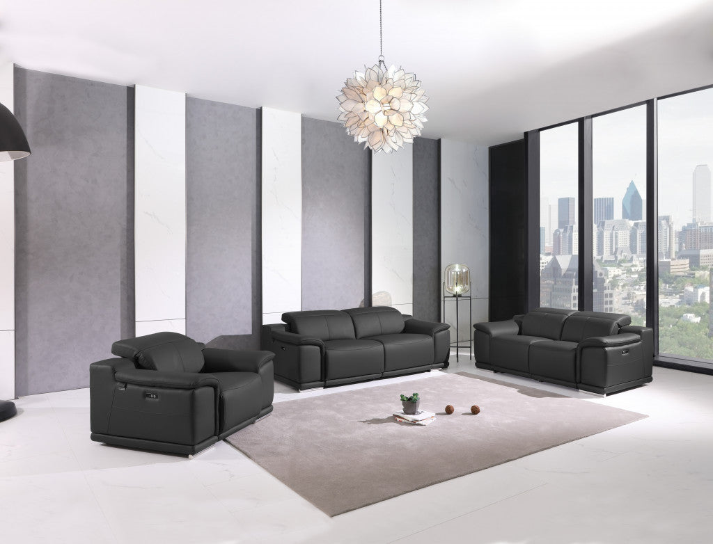 Three Piece Indoor Dark Gray Italian Leather Six Person Seating Set