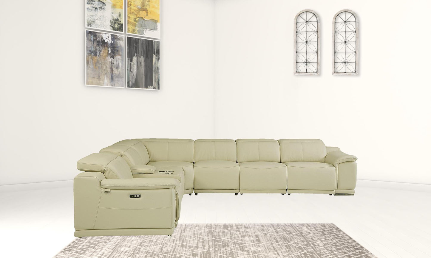 Beige Italian Leather Power Reclining U Shaped Seven Piece Corner Sectional With Console