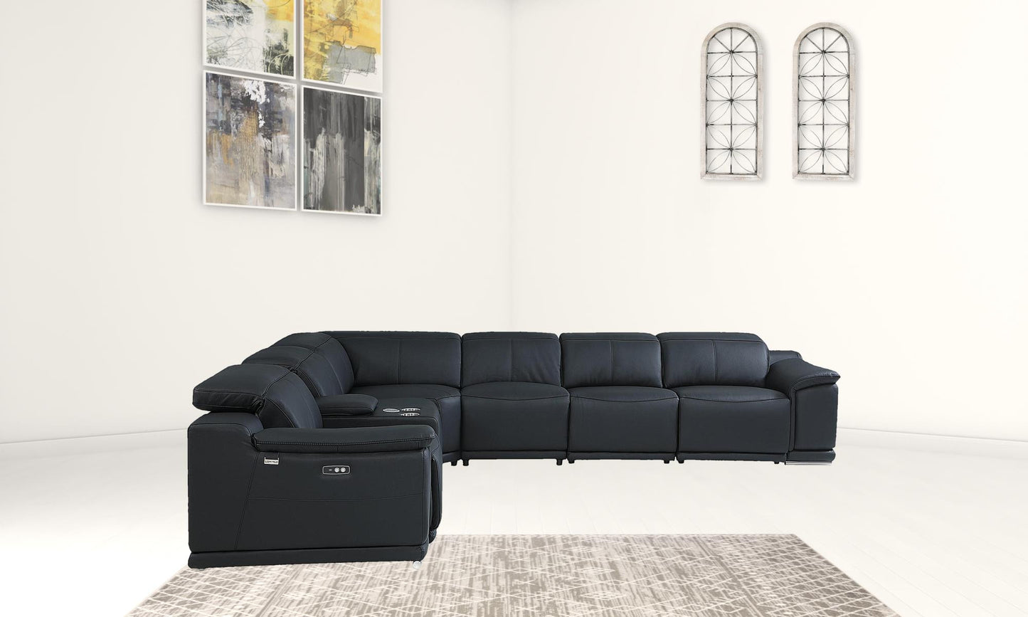 Black Italian Leather Power Reclining U Shaped Seven Piece Corner Sectional With Console