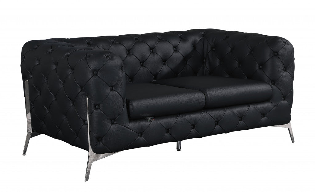 69" Black And Silver Italian Leather Loveseat