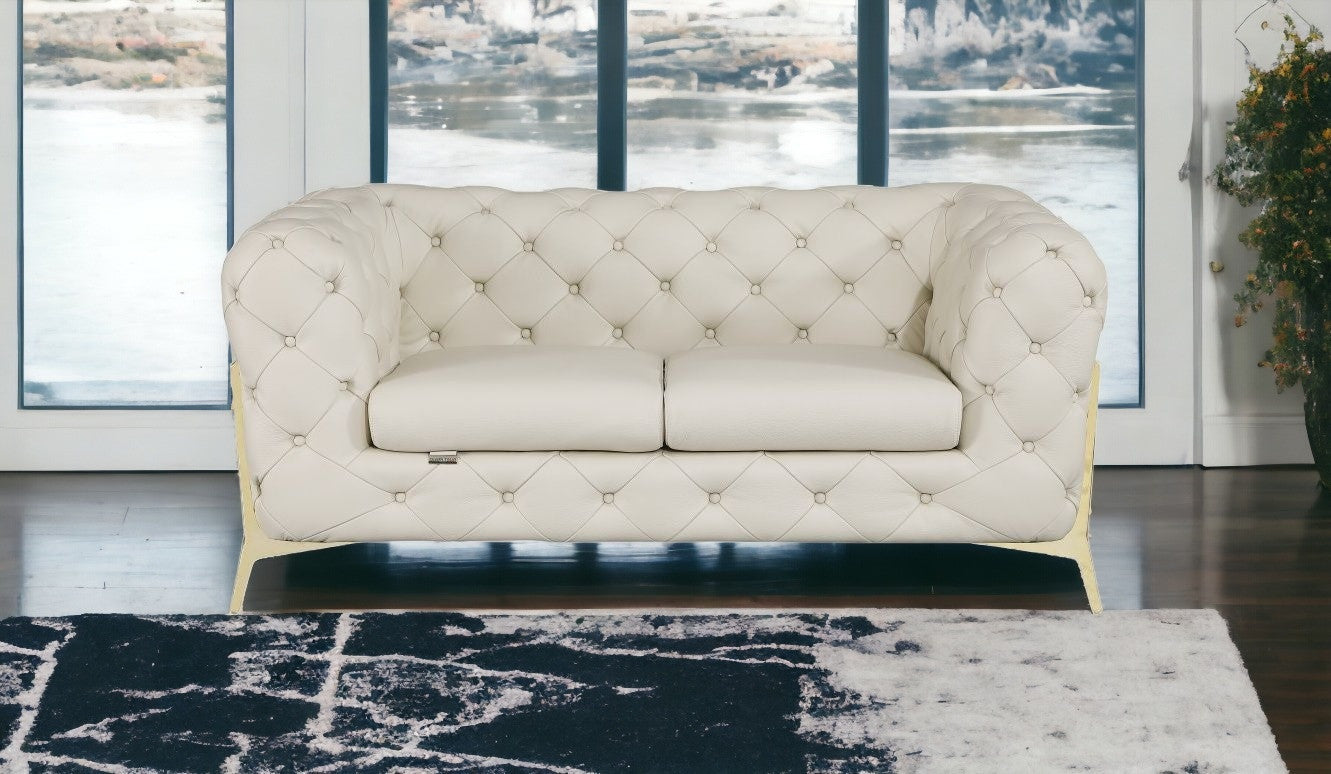 69" Beige And Gold Italian Leather Loveseat