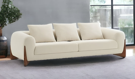 100" Cream Long Fabric and Walnut Wood Sofa