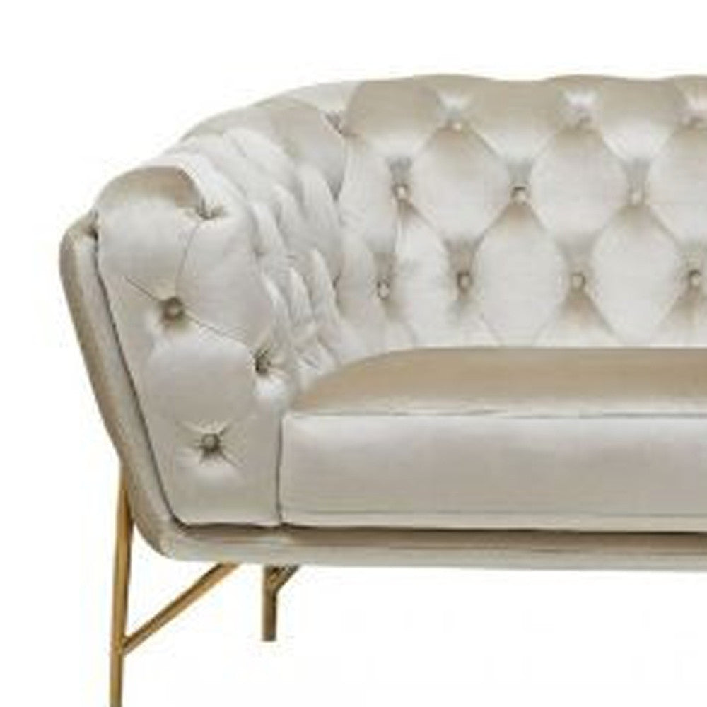 88" Beige Tufted Velvet and Gold Chesterfield Sofa