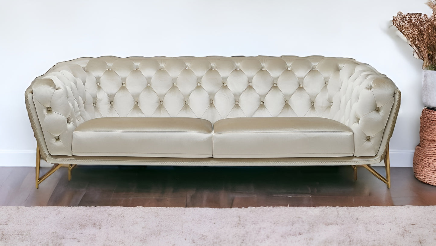 88" Beige Tufted Velvet and Gold Chesterfield Sofa