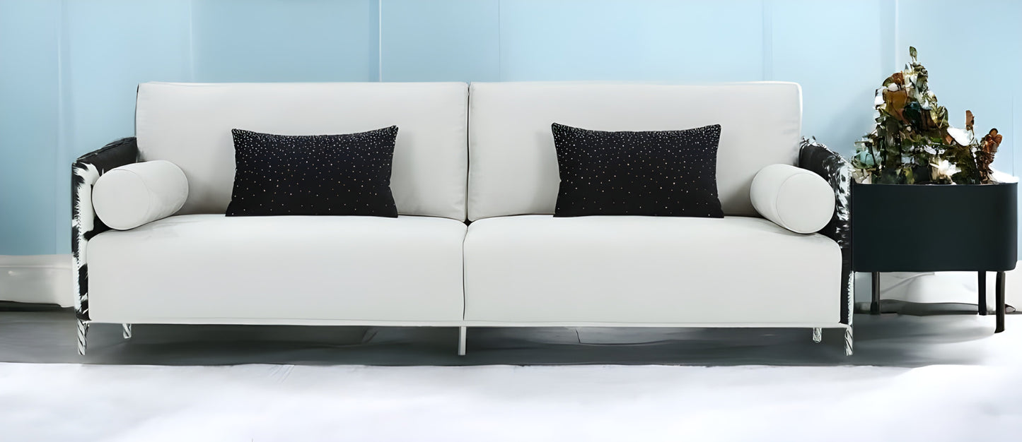 89" White Faux Cowhide and Silver Sofa