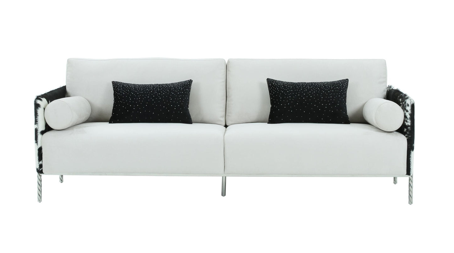 89" White Faux Cowhide and Silver Sofa