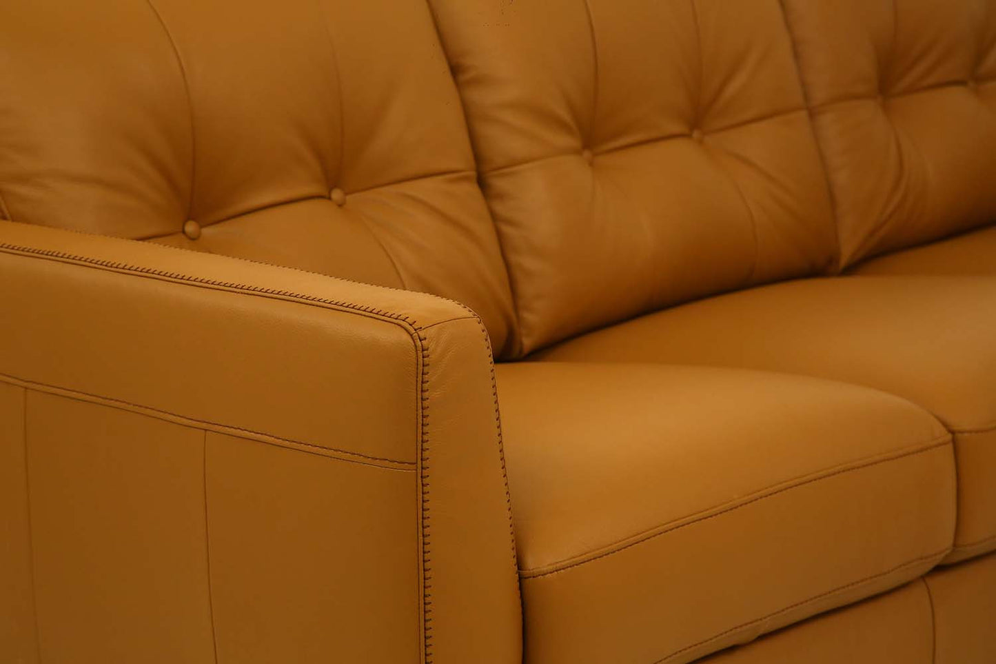 83" Camel Leather And Black Sofa