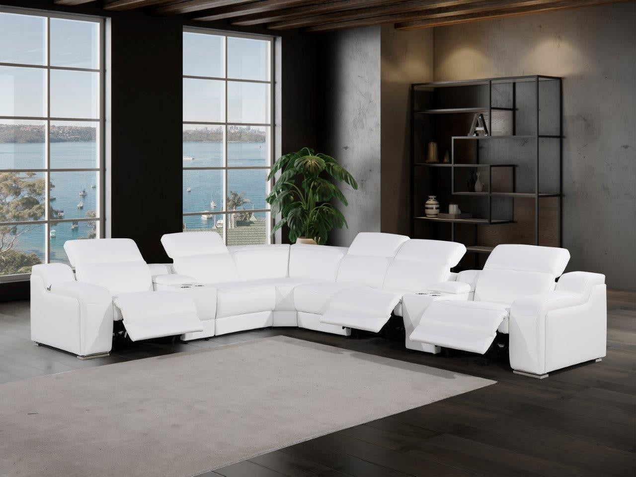 White Italian Leather Power Reclining Curved Eight Piece Corner Sectional With Console