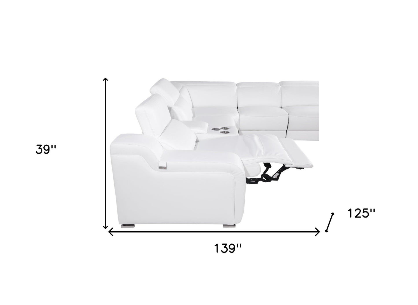 White Italian Leather Power Reclining Curved Seven Piece Corner Sectional With Console