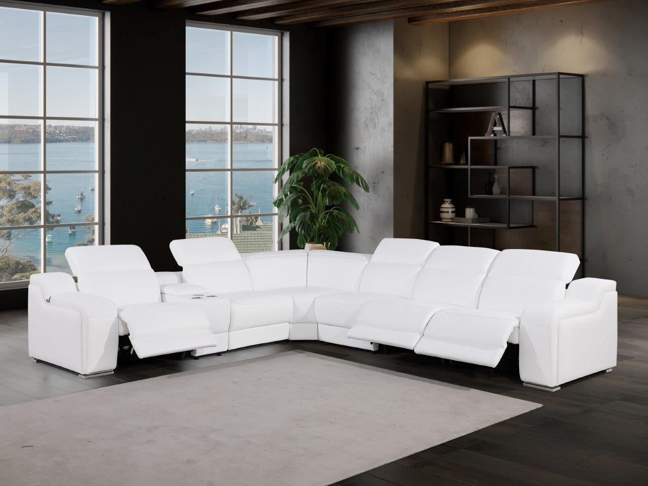 White Italian Leather Power Reclining Curved Seven Piece Corner Sectional With Console