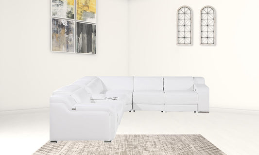 White Italian Leather Power Reclining Curved Six Piece Corner Sectional With Console