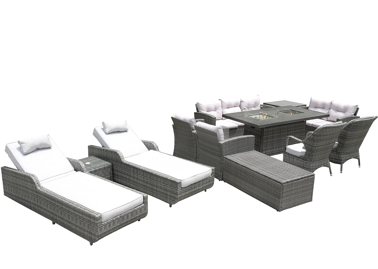 Twelve Piece Outdoor Gray Wicker Multiple Chairs Seating Group Fire Pit Included With Cushions