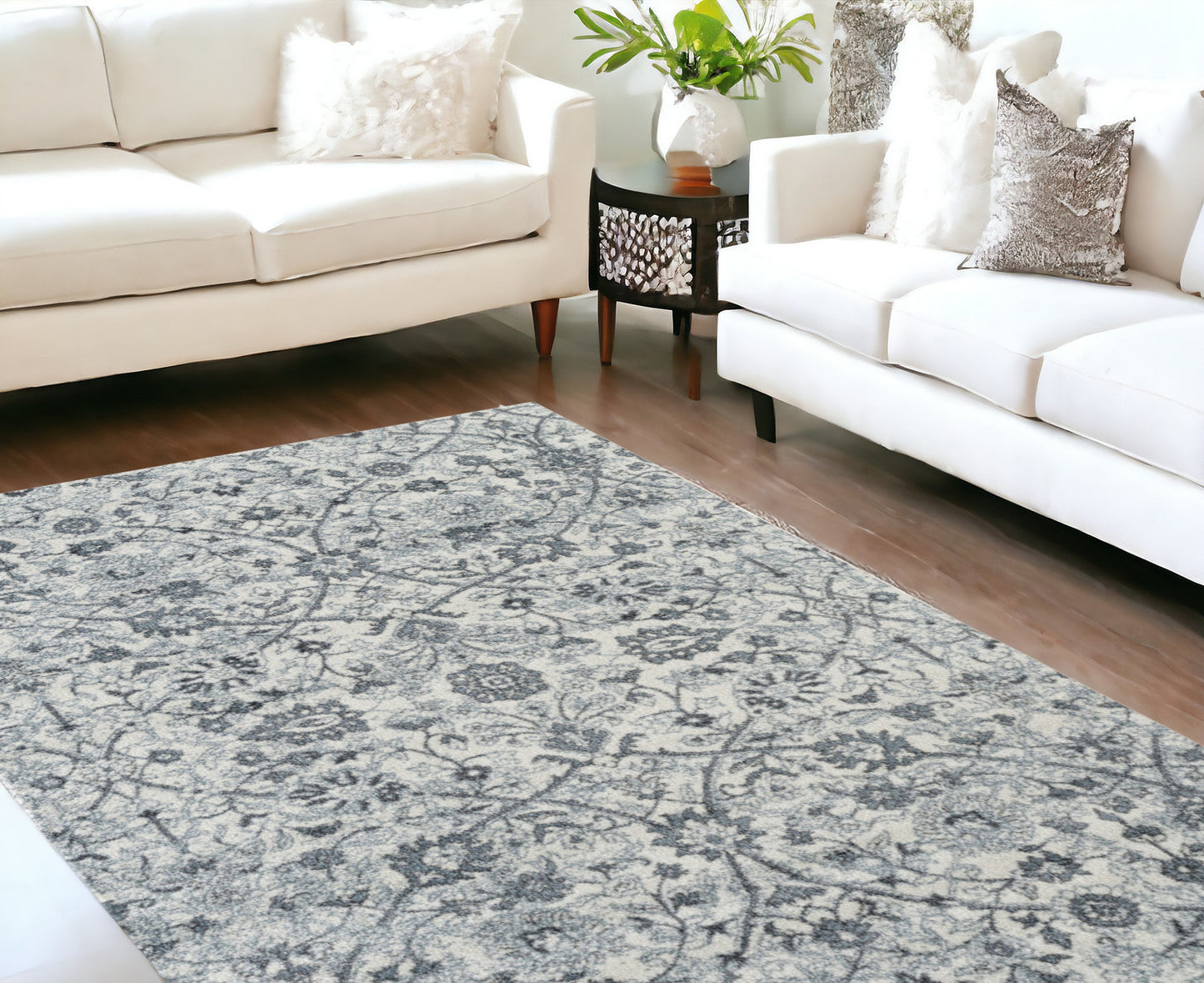 9' x 12' Gray and Beige Floral Power Loom Area Rug