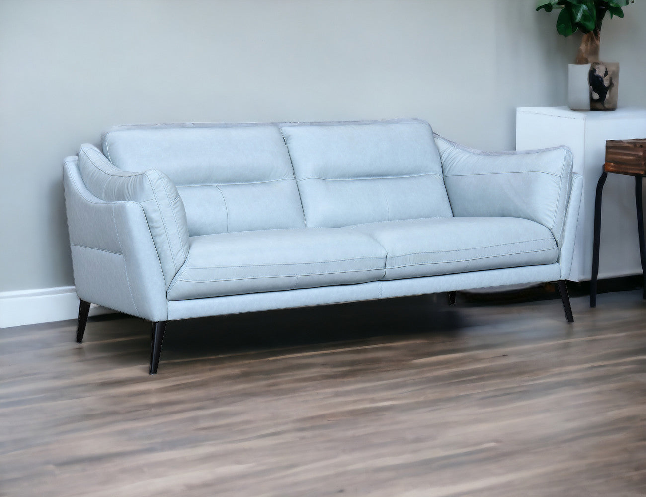 87" Sky Blue And Black Leather Sofa