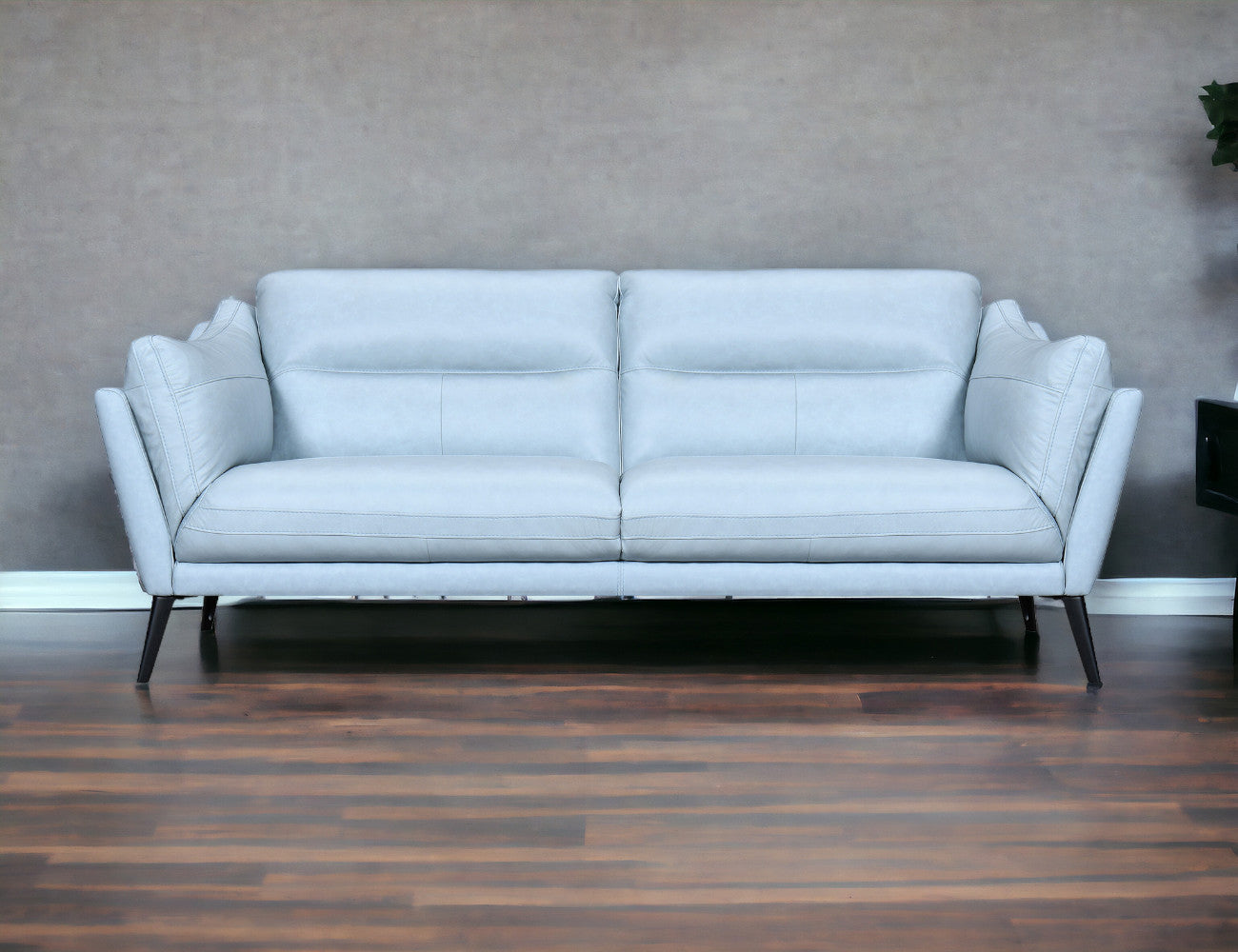 87" Sky Blue And Black Leather Sofa