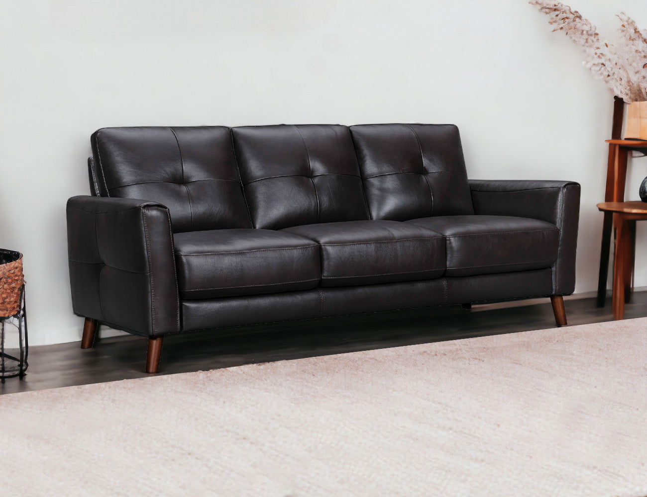 82" Black And Brown Tufted Leather Sofa