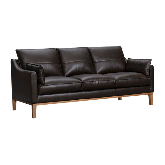 87" Dark Brown Leather Sofa And Toss Pillows