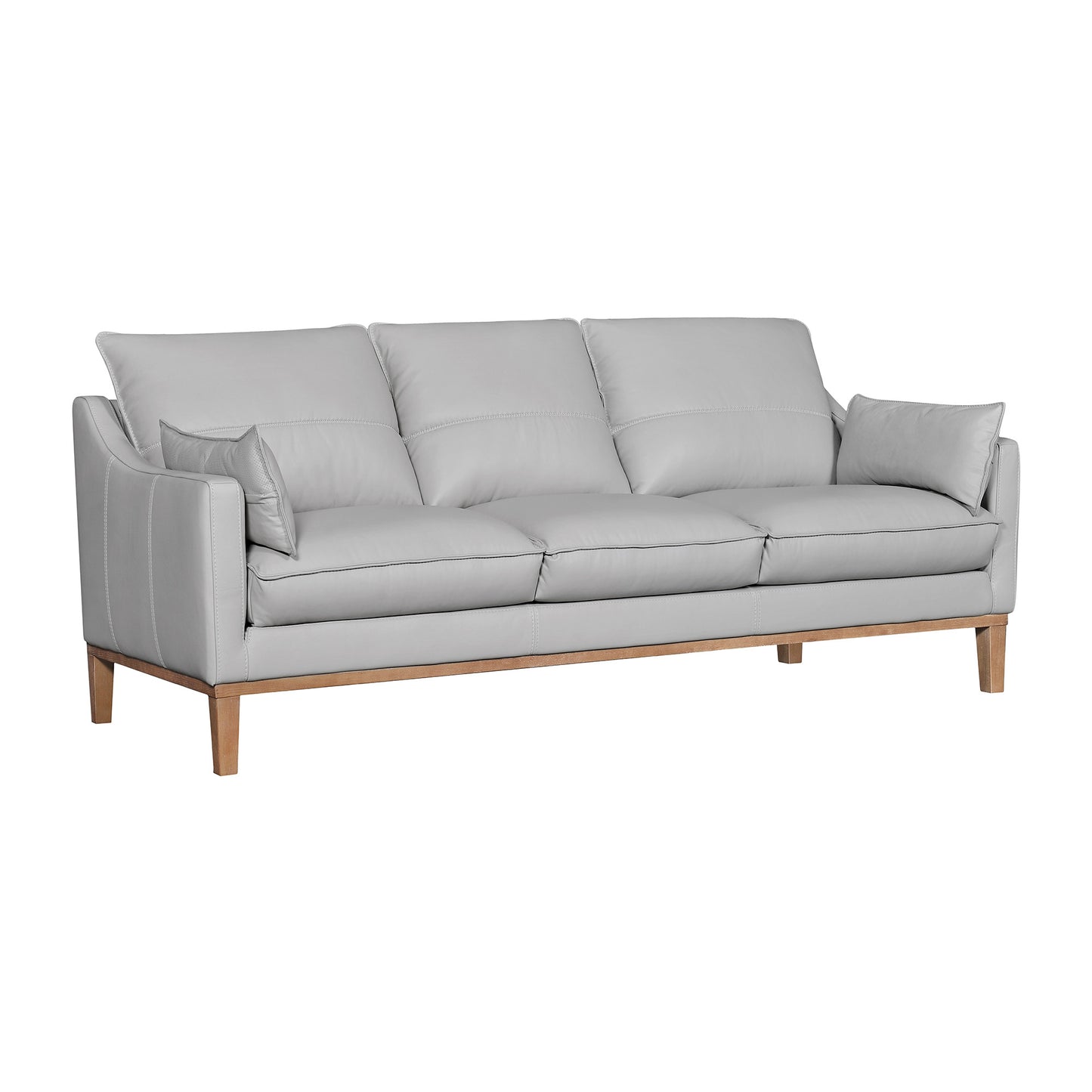 87" Gray And Brown Leather Sofa And Toss Pillows