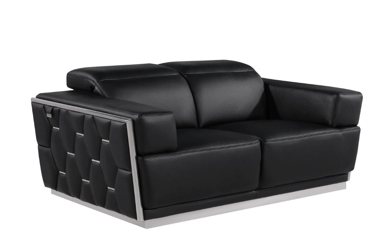 70" Black And Silver Italian Leather Loveseat