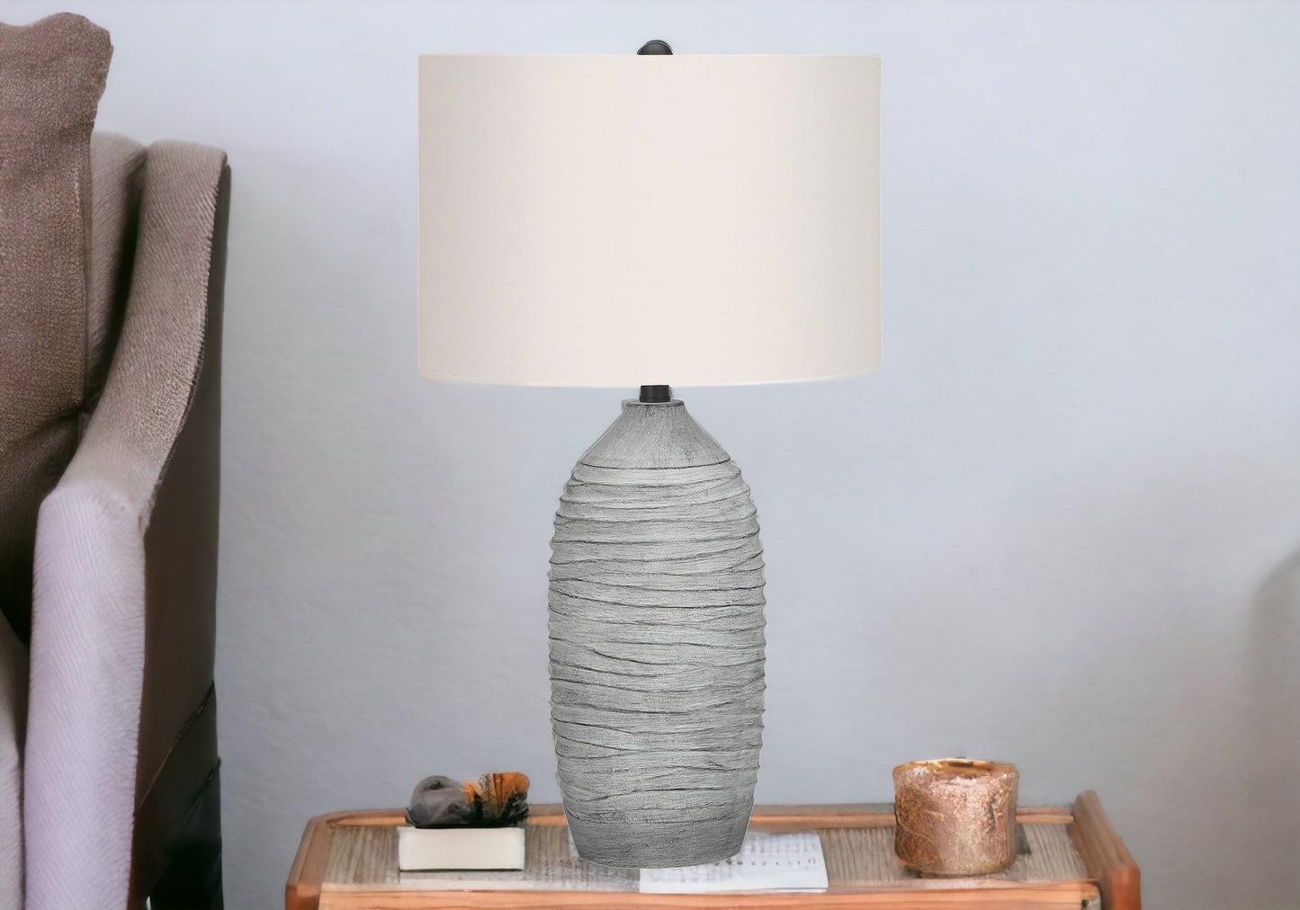 27" Gray Cylinder Table Lamp With Ivory Drum Shade